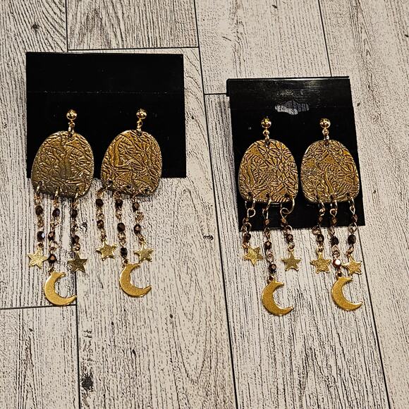 Mushroom Embossed Polymer Clay Dangle Earrings Moon Stars Boho Cottagecore - Picture 5 of 5